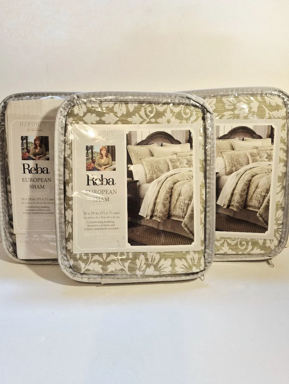 3 REBA European Pillow Shams Color - Massenet- Green Ivory Platinum